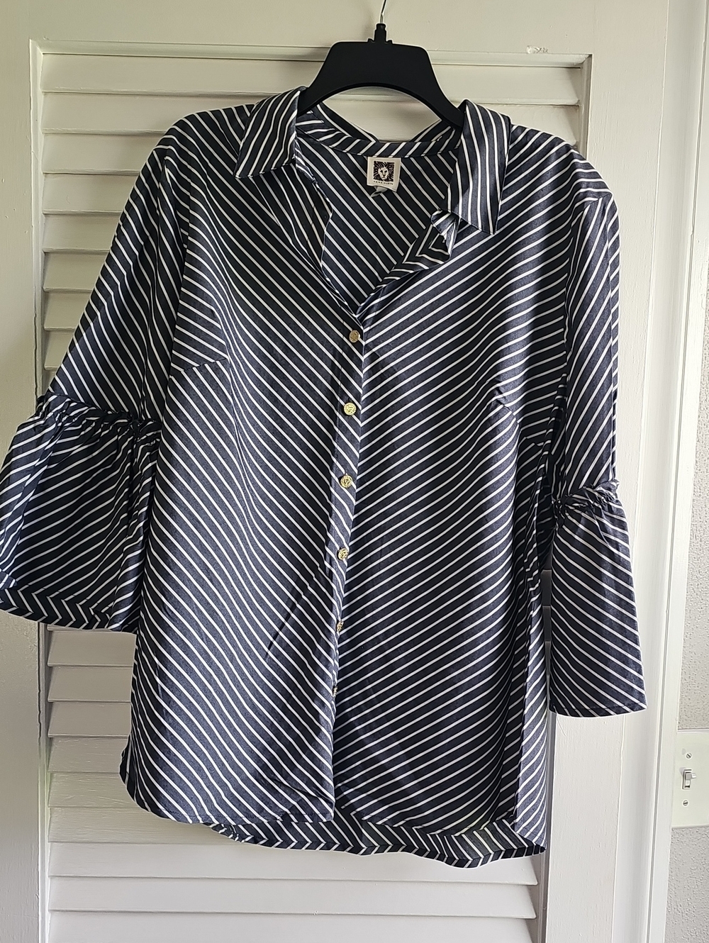 Anne Klein Navy and White Striped Bell-Sleeve Button Front Jacket